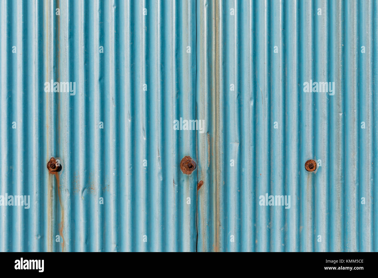 Mur de métal ondulé bleu clair avec les vis rouillées et traînées de rouille Banque D'Images