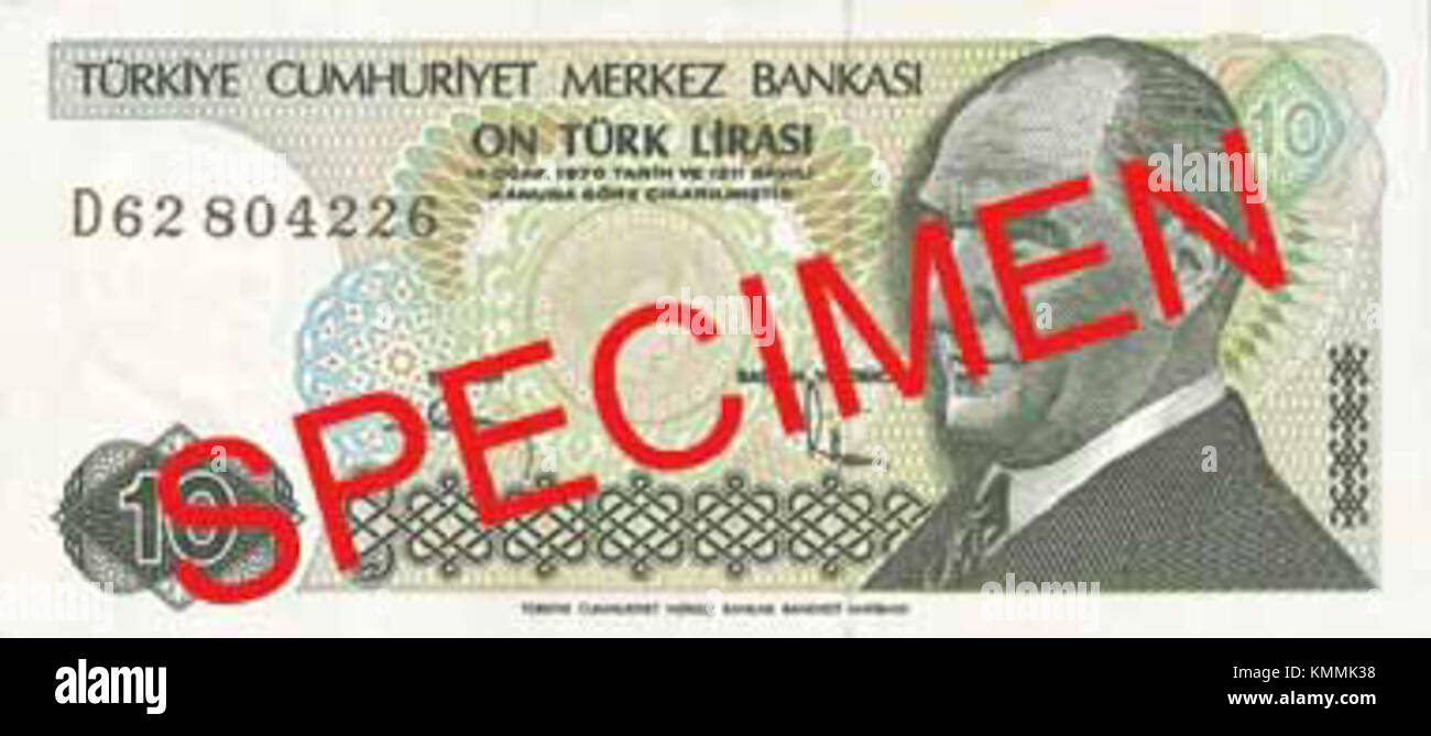 Le 10-II Old Turkish Lira est un billet de monnaie historique de Turquie, présentant des éléments de conception significatifs qui représentent l'histoire monétaire et le patrimoine culturel de Turkeyâ€™ pendant la période où il était en circulation. Banque D'Images