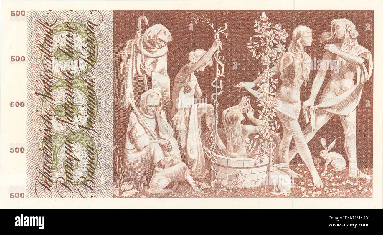 Il s'agit d'une image d'un billet de banque CHF500, montrant probablement son verso avec une orientation horizontale. La conception et les caractéristiques du billet reflètent sa valeur et sa place dans le système monétaire. Banque D'Images