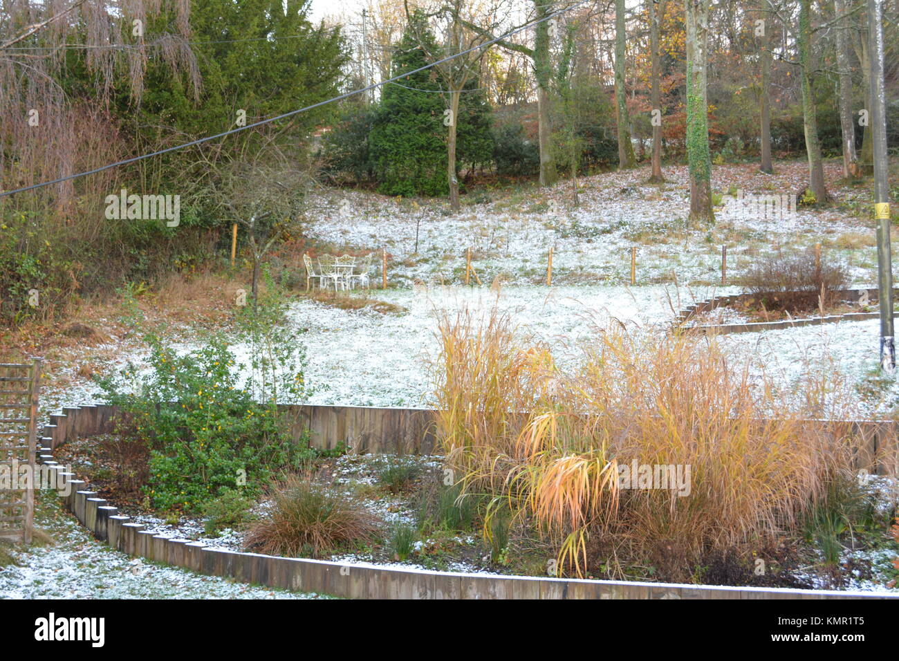 Grand jardin en pente en hiver avec la neige légère couvrant d'arbustes arbres arbustes et simples dans l'herefordshire angleterre UK Banque D'Images