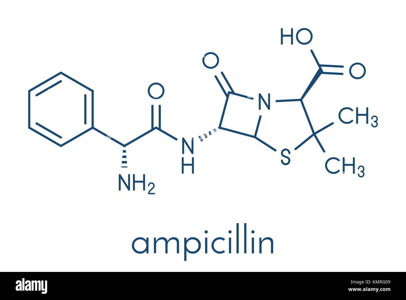 Ampicillin bêta-lactamines molécule pharmaceutique. formule topologique. Illustration de Vecteur