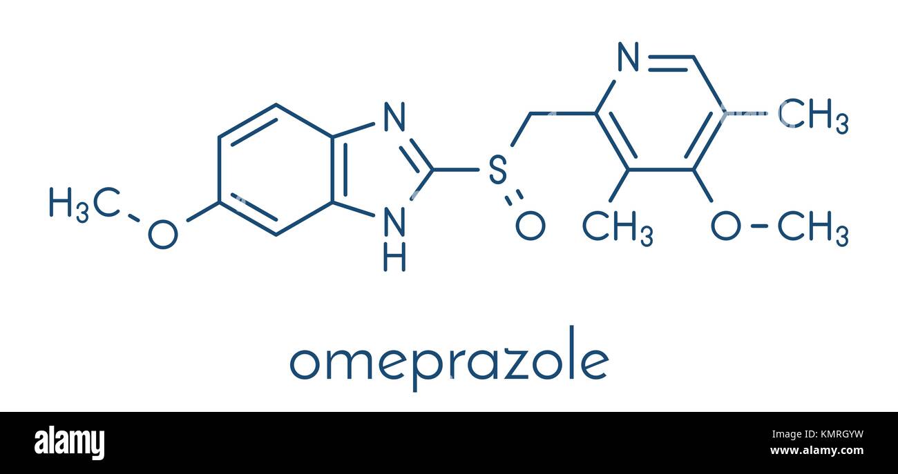 L'omeprazole de dyspepsie et d'ulcère gastroduodénal (médicament inhibiteur de la pompe à protons) molécule. formule topologique. Illustration de Vecteur
