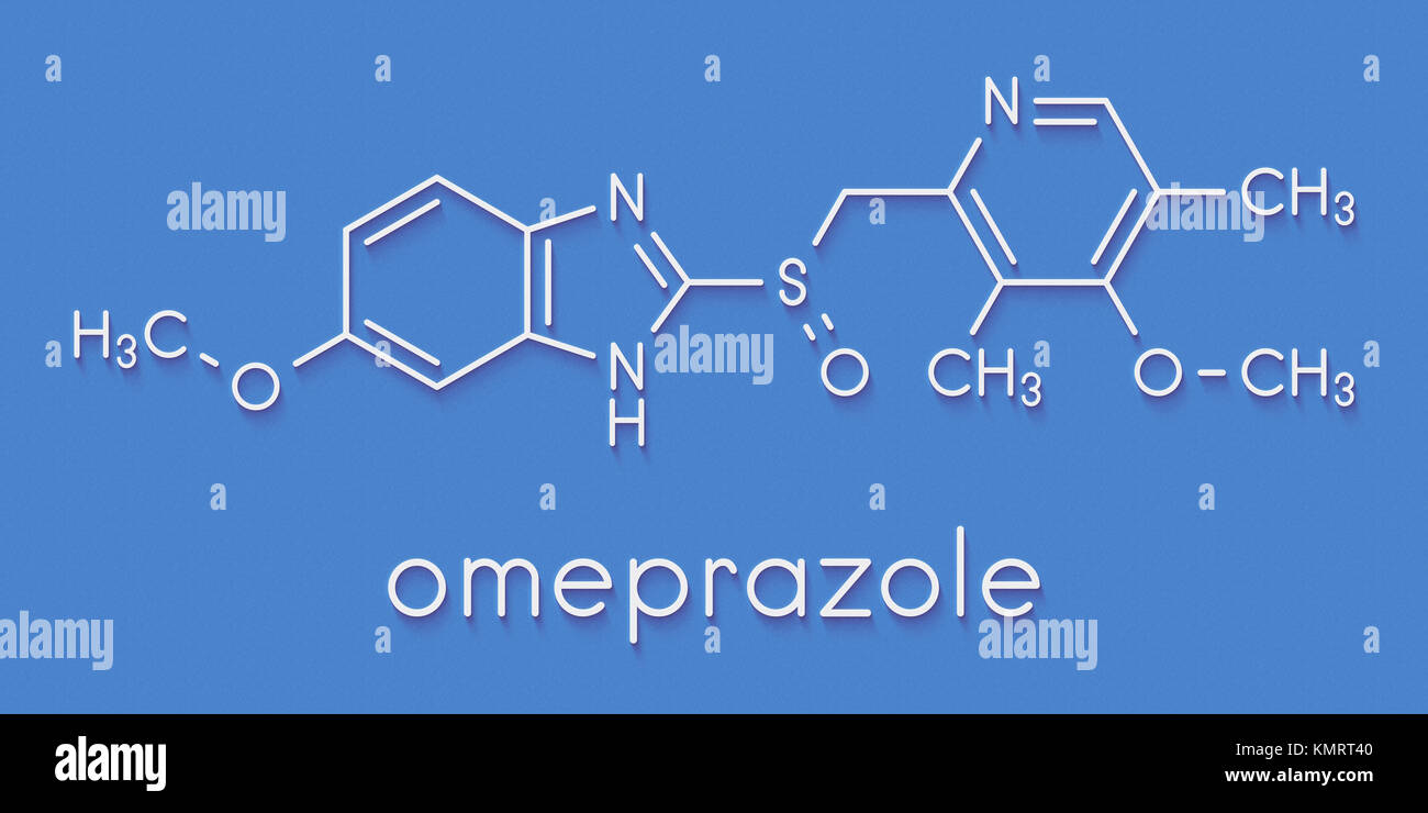 L'Omeprazole de dyspepsie et d'ulcère gastroduodénal (médicament inhibiteur de la pompe à protons) molécule. Formule topologique. Banque D'Images