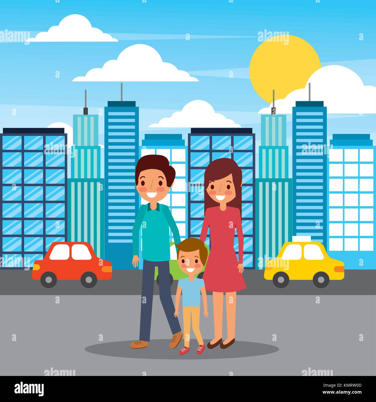 Balades en famille heureux dans la ville street Illustration de Vecteur