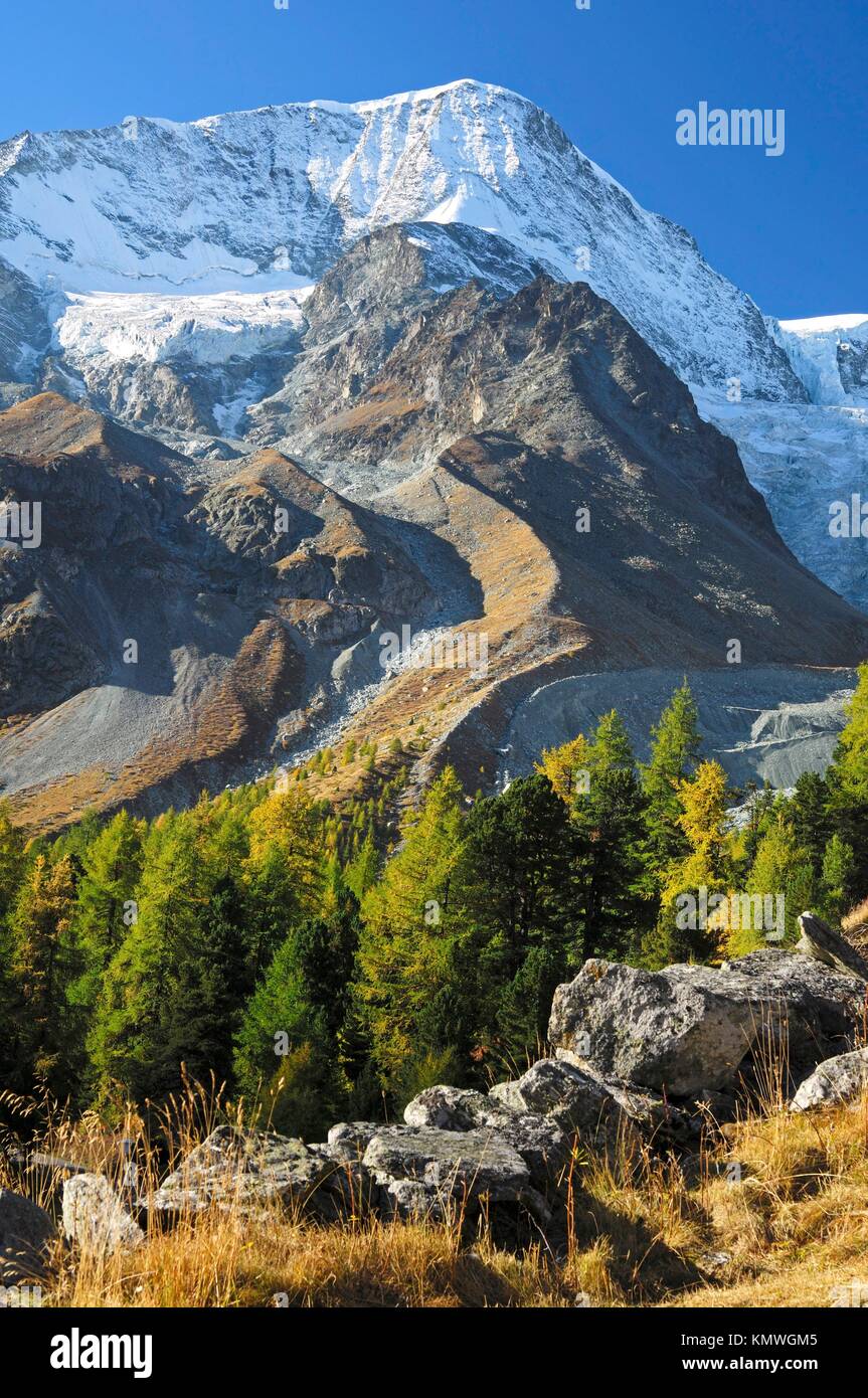 Première neige à l'automne sur les sommets sur les Alpes Pennines, versant de montagne avec des restes d'un glacier et d'une moraine latérale tordues, vallée, Loetschental Banque D'Images