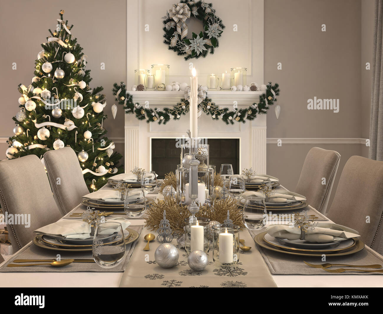 Salle à manger de luxe avec décoration de Noël par jour. Le rendu 3D Photo  Stock - Alamy