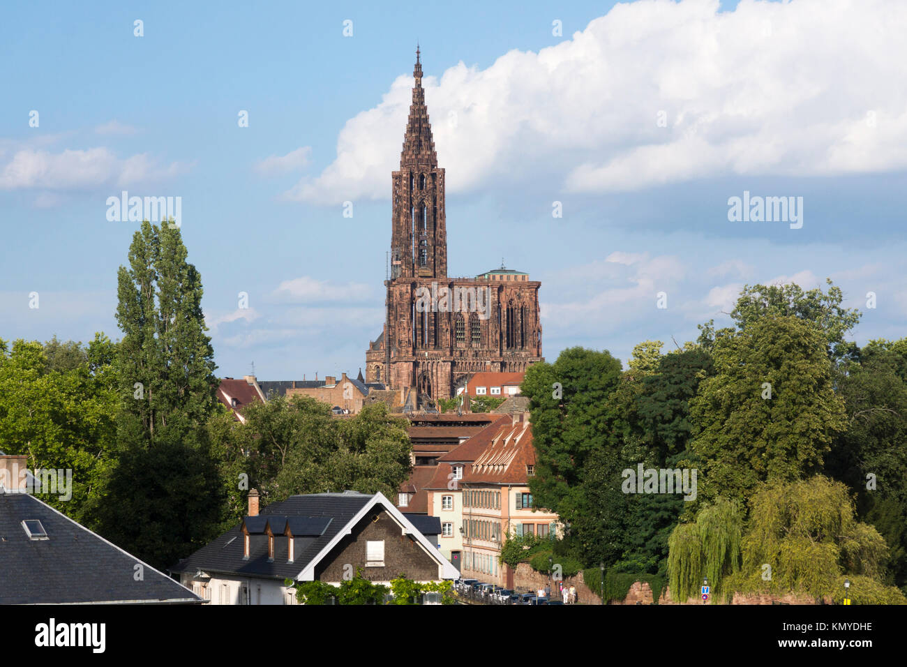 La Cathédrale Notre-Dame s'élève bien au-dessus de la ville de Strasbourg Banque D'Images