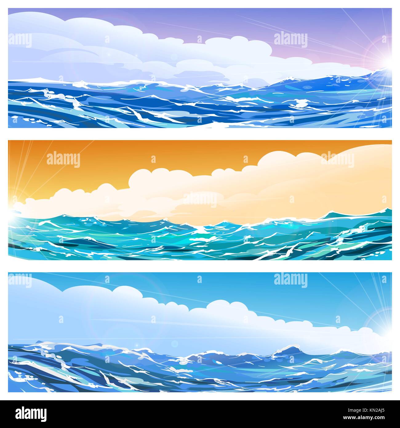 Ensemble de bannières horizontales avec les vagues de la mer et du ciel. vector illustration Illustration de Vecteur