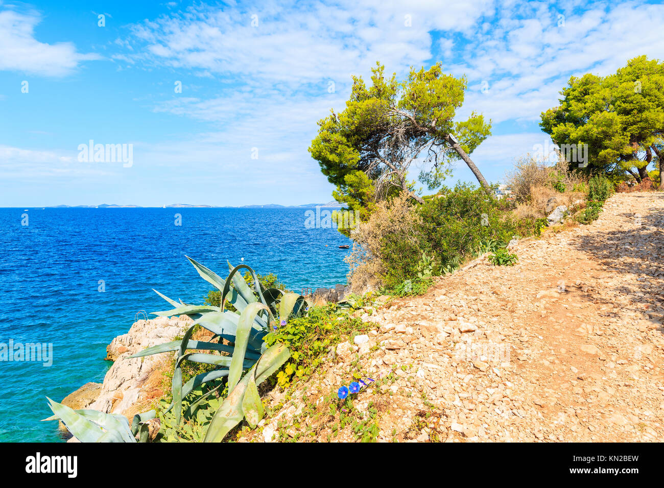 Sentier du littoral le long de la mer dans la ville de Primosten, Dalmatie, Croatie Banque D'Images