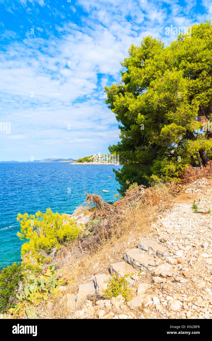 Sentier du littoral le long de la mer dans la ville de Primosten, Dalmatie, Croatie Banque D'Images