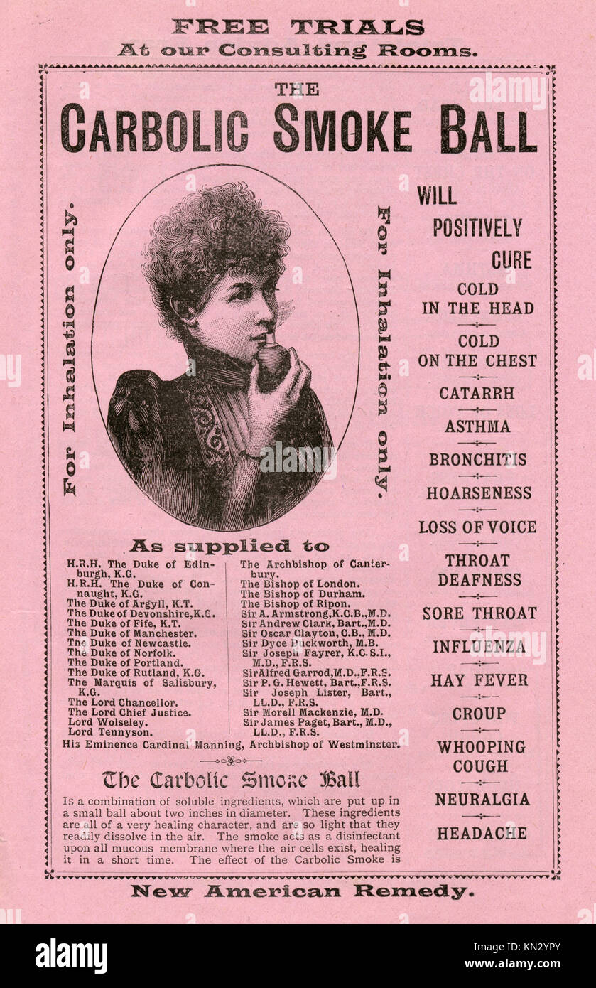 Carbolic Smoke Ball, 1891 publicité pour les médicaments brevetés, célèbre pour l'affaire présentée par Carlill en 1892 contre l'entreprise pour violation de contrat Banque D'Images