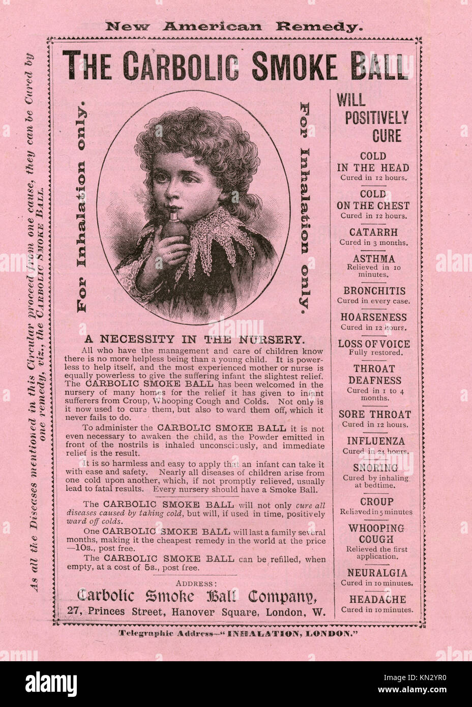 Carbolic Smoke Ball, enfant, 1891 publicité pour les médicaments brevetés, célèbre pour l'affaire présentée par Carlill en 1892 contre l'entreprise pour violation de contrat, une nécessité dans la pépinière Banque D'Images