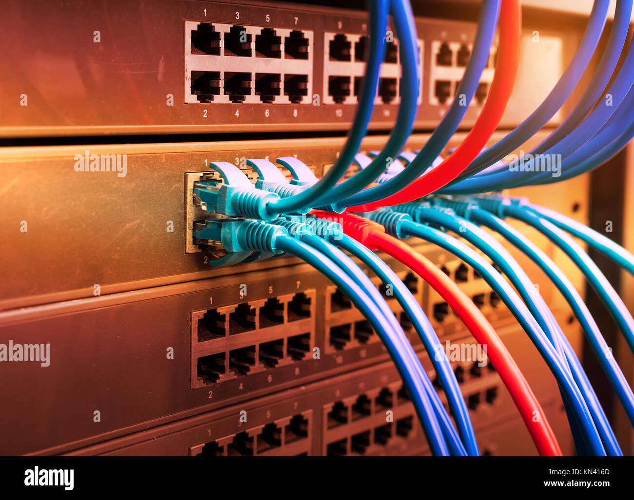 Rack serveur internet avec cordon de raccordement câbles connectés au panneau de brassage dans la salle serveur Banque D'Images