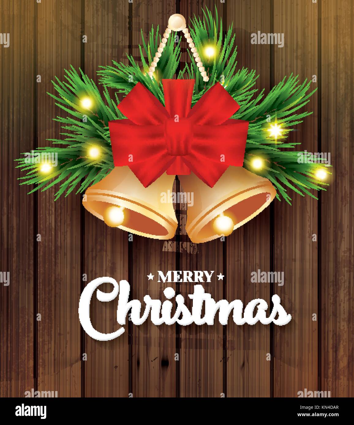Joyeux Noël et bonne année carte de vœux sapin direction générale et golden bell. texture bois. vector illustration. Illustration de Vecteur