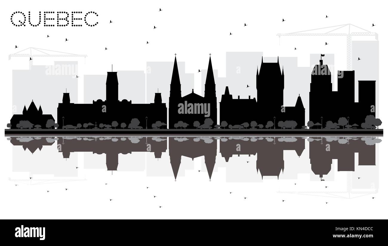 Canada Québec City skyline silhouette noir et blanc avec des reflets. Vector illustration. Concept de voyages d'affaires. Paysage urbain du Québec avec des points de repère. Illustration de Vecteur