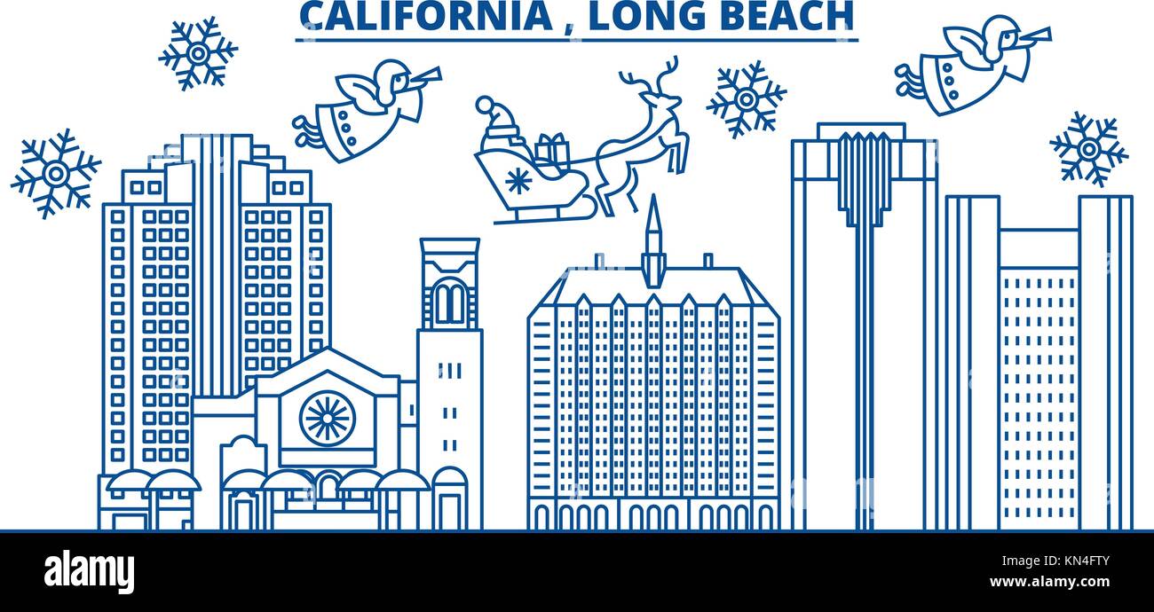États-unis, Californie, Long Beach City skyline hiver. joyeux noël et bonne année décoré. bannière carte de vœux d'hiver avec la neige et le père Noël. télévision, vecteur ligne linéaire illustration de noël. Illustration de Vecteur