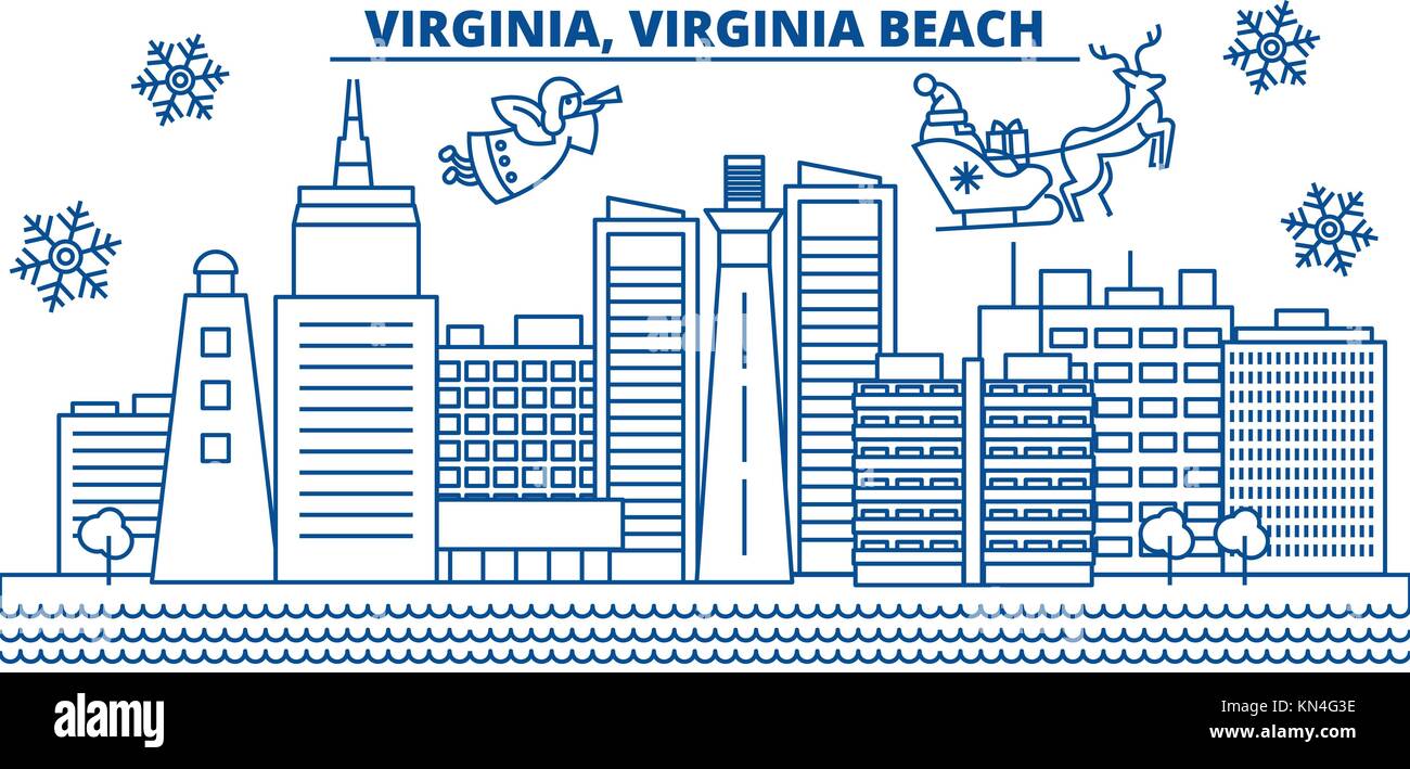 États-unis d'Amérique, Virginia Beach , ville d'hiver. joyeux noël et bonne année décoré. bannière carte de vœux d'hiver avec la neige et le père noël.télévision, vecteur ligne linéaire illustration de noël. Illustration de Vecteur
