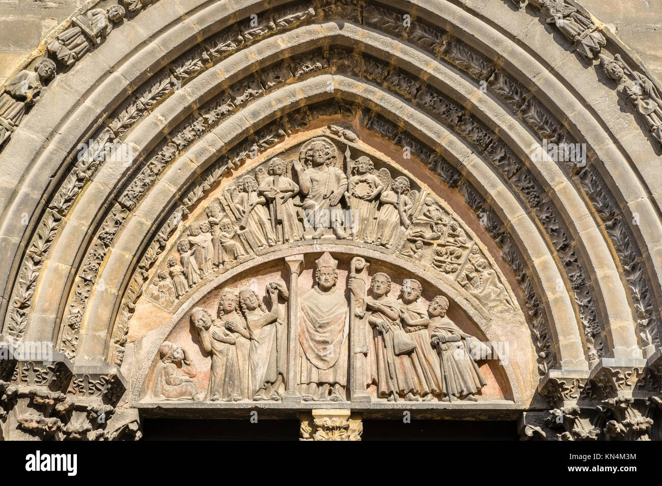 Tympan tympan, Portail, Saint Nicolas, Santa Claus Portail, Collégiale Saint-Martin, Martinsmünster, gothique, Colmar, Alsace Banque D'Images