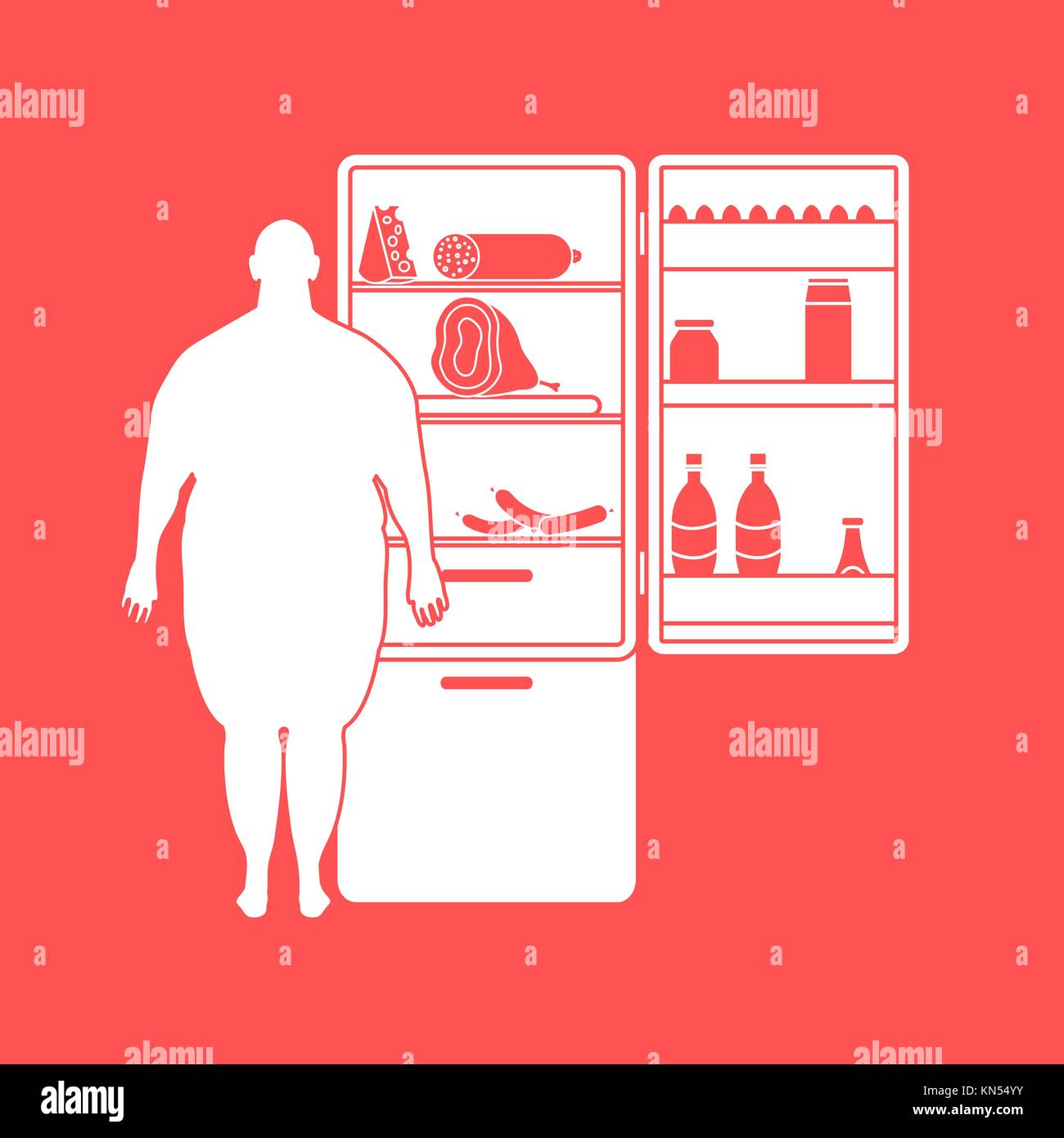 Fat Man est à l'un réfrigérateur plein de nourriture. Les habitudes alimentaires. pour la conception et l'impression de bannières. Illustration de Vecteur