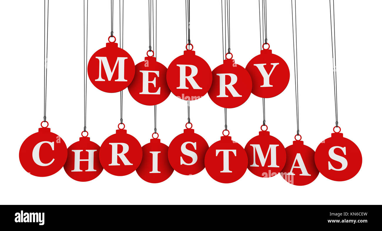 Joyeux Noël message de voeux sur pendu formes rouge babiole tags 3D illustration sur fond blanc. Banque D'Images