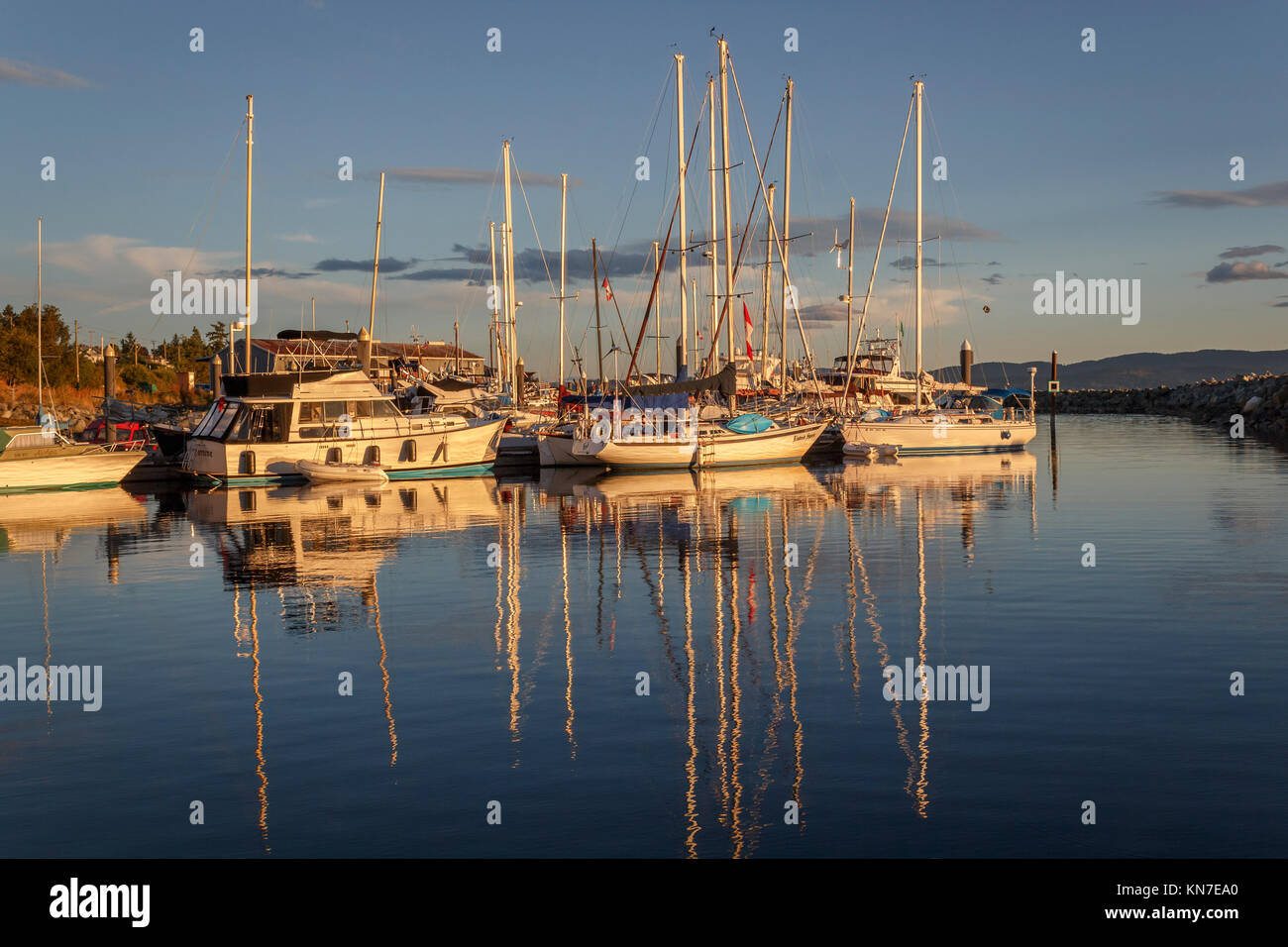 Sur un ton calme soirée d'été, le soleil éclaire les bateaux de plaisance et leurs réflexions à la Westview Marina à Powell River, en Colombie-Britannique. Banque D'Images