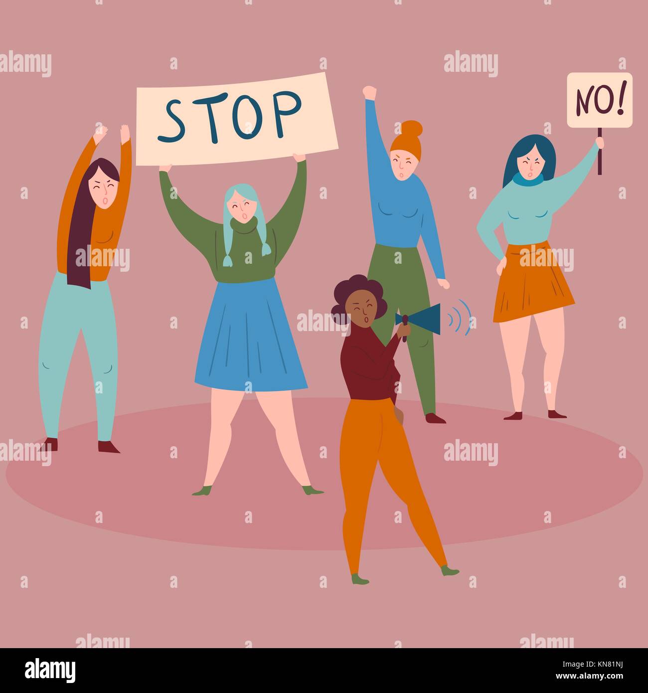 Protestation des femmes avec stop et pas de signes.Demostrants Illustration de Vecteur