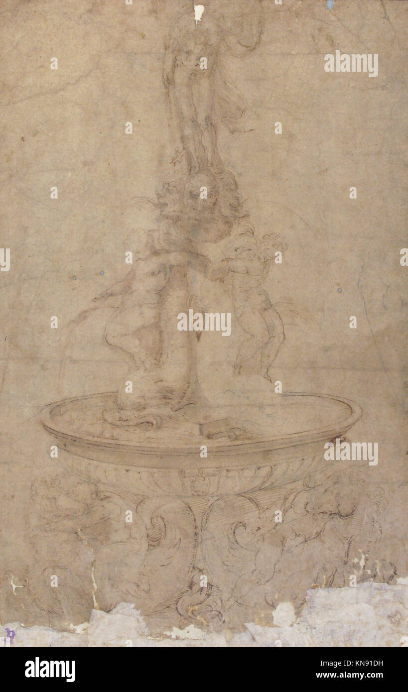 Conception d'une fontaine incorporant des hippocampes, des figures de triton, des dauphins, des têtes grotesques et Neptune, illustration classique décorative et fonctionnelle Banque D'Images