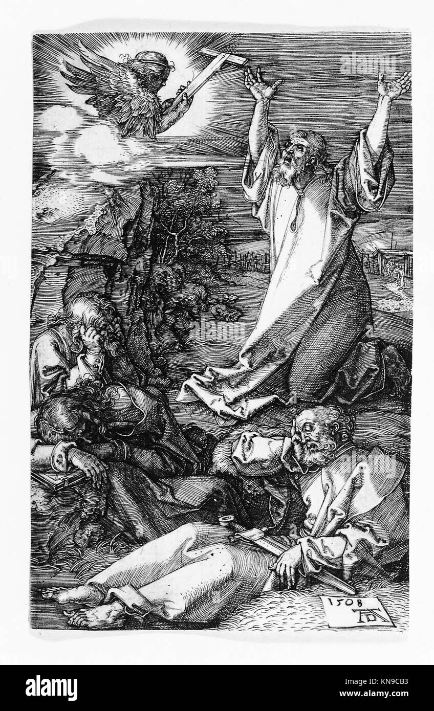 Cette œuvre représente le Christ sur le Mont des oliviers, illustrant une scène biblique mettant l'accent sur la narration, la composition et l'iconographie religieuse. Banque D'Images