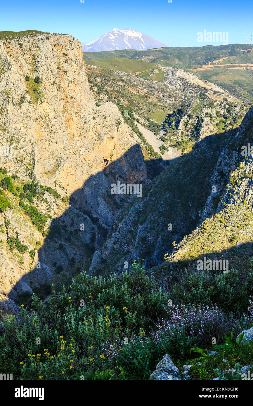 Vue de la gorge et le Mont Psiloritis près de Rethymnon, Crète, Grèce Banque D'Images