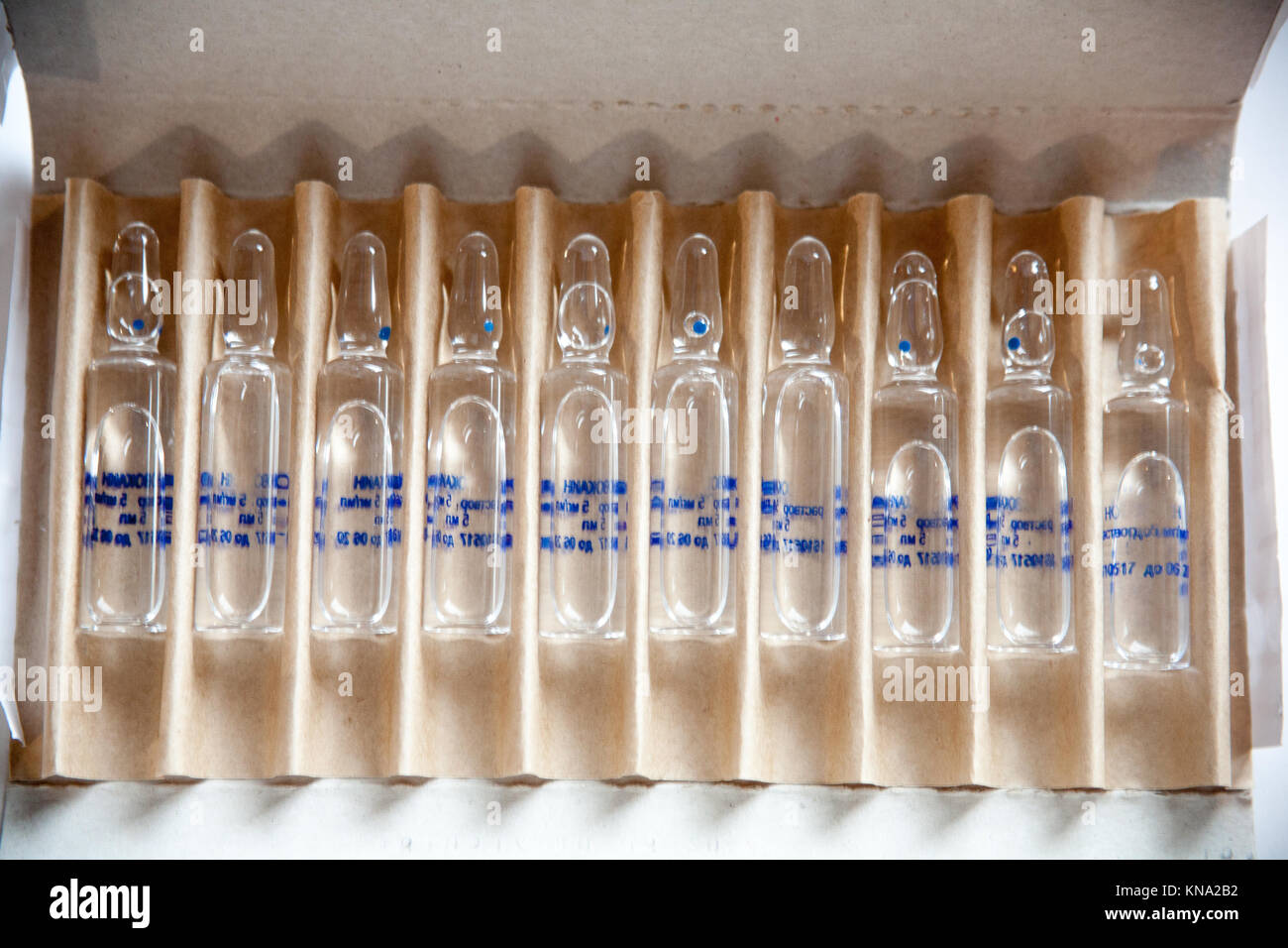 Ampoules de médicament perspective horizontale vue de nombreuses ampoules  marron situé dans l'emballage pharmaceutique récipient blanc Photo Stock -  Alamy