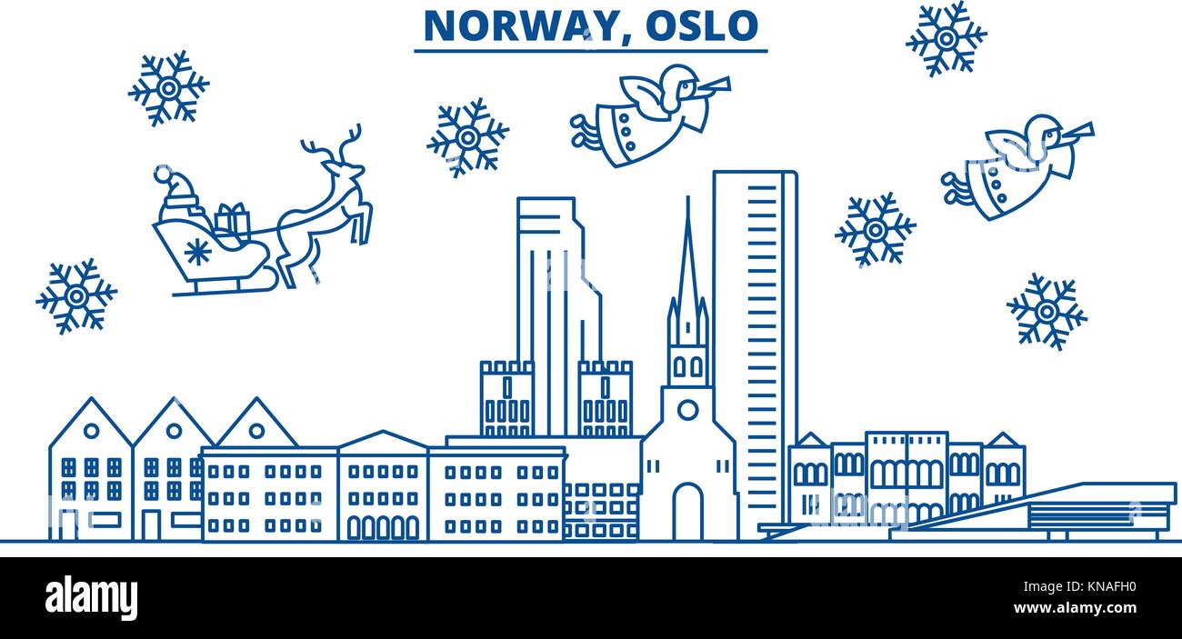 La Norvège, Oslo ville d'hiver. joyeux noël, bonne année bannière décorée avec le père noël.message d'hiver Carte de ligne.télévision, contours.vecteur illustration de noël neige linéaire Illustration de Vecteur