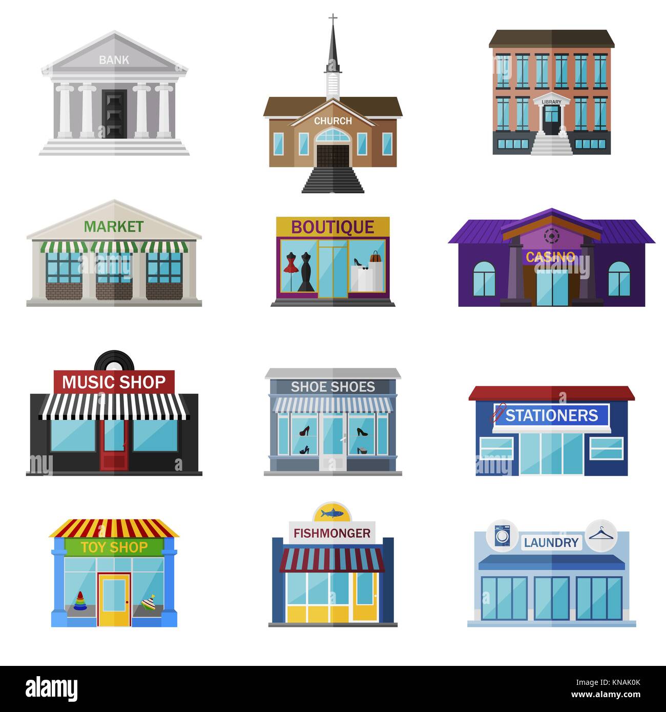 Différents magasins, institutions et stocke à plat icon set isolated on white. comprend la Banque mondiale, l'église, bibliothèque, marché, boutique, casino, magasin de musique, service shues, papetiers, magasin de jouets, les poissons monger, blanchisserie Illustration de Vecteur