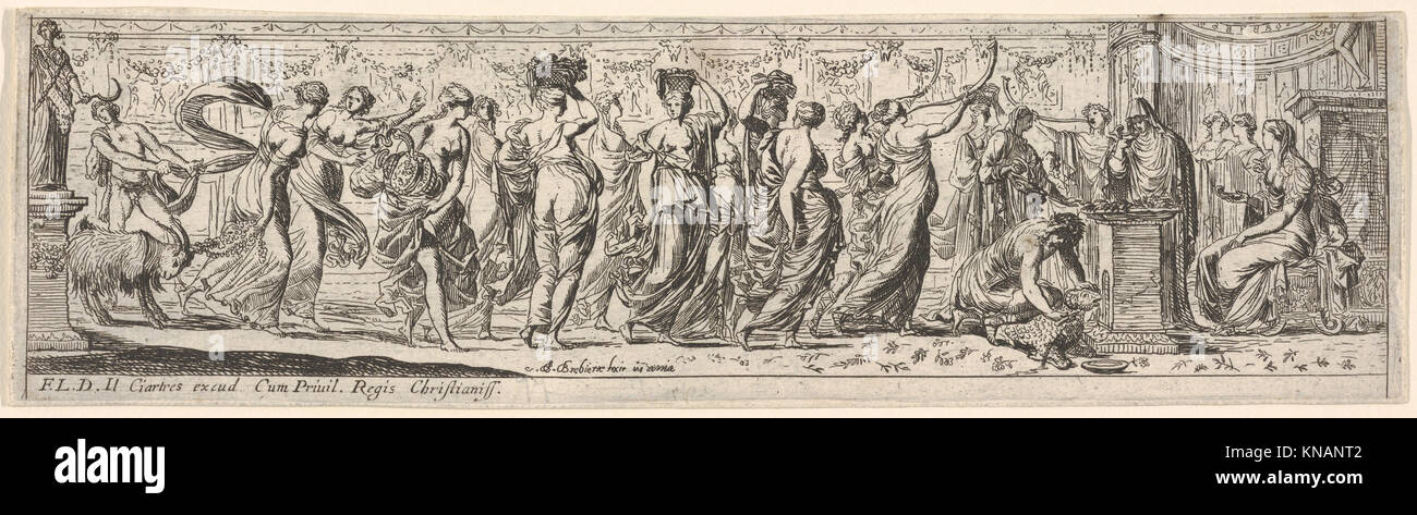 Ce dessin en forme de frise représente une procession de femmes drapées offrant des cornes et portant des offrandes, accompagnées d'un homme sacrifiant un bélier devant un autel. La pièce fait partie d’une série illustrant des rituels bacchanaux, des sacrifices et des danses issus de traditions artistiques anciennes. Banque D'Images