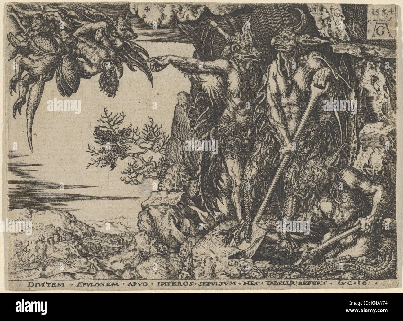 Cette œuvre reproduit la parabole biblique de l'homme riche et Lazare, représentant l'homme riche transporté en enfer et illustrant des thèmes moraux et religieux. Banque D'Images