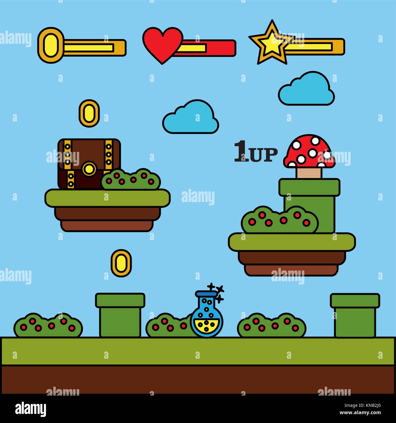 Niveau de jeu vidéo champignons poitrine potion pièces Illustration de Vecteur