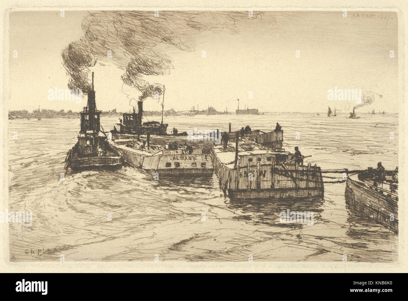 Bateaux du canal et des remorqueurs rencontré DP845444 381001 Artiste : Charles Adams Platt, American, New York, 1861 ?1933, Canal et bateaux remorqueurs, 1887, Etching, imprimé à l'encre brune, plaque : 4 7/16 x 6 7/8 in. (11,3 x 17,5 cm) : Feuille 9 x 12 3/16 5/16 in. (23,4 x 31,2 cm). Le Metropolitan Museum of Art, New York. L'Edward W. C. Arnold Collection de New York imprime, Cartes et images, Legs d'Edward W. C. Arnold, 1954 (54.90.939) Banque D'Images