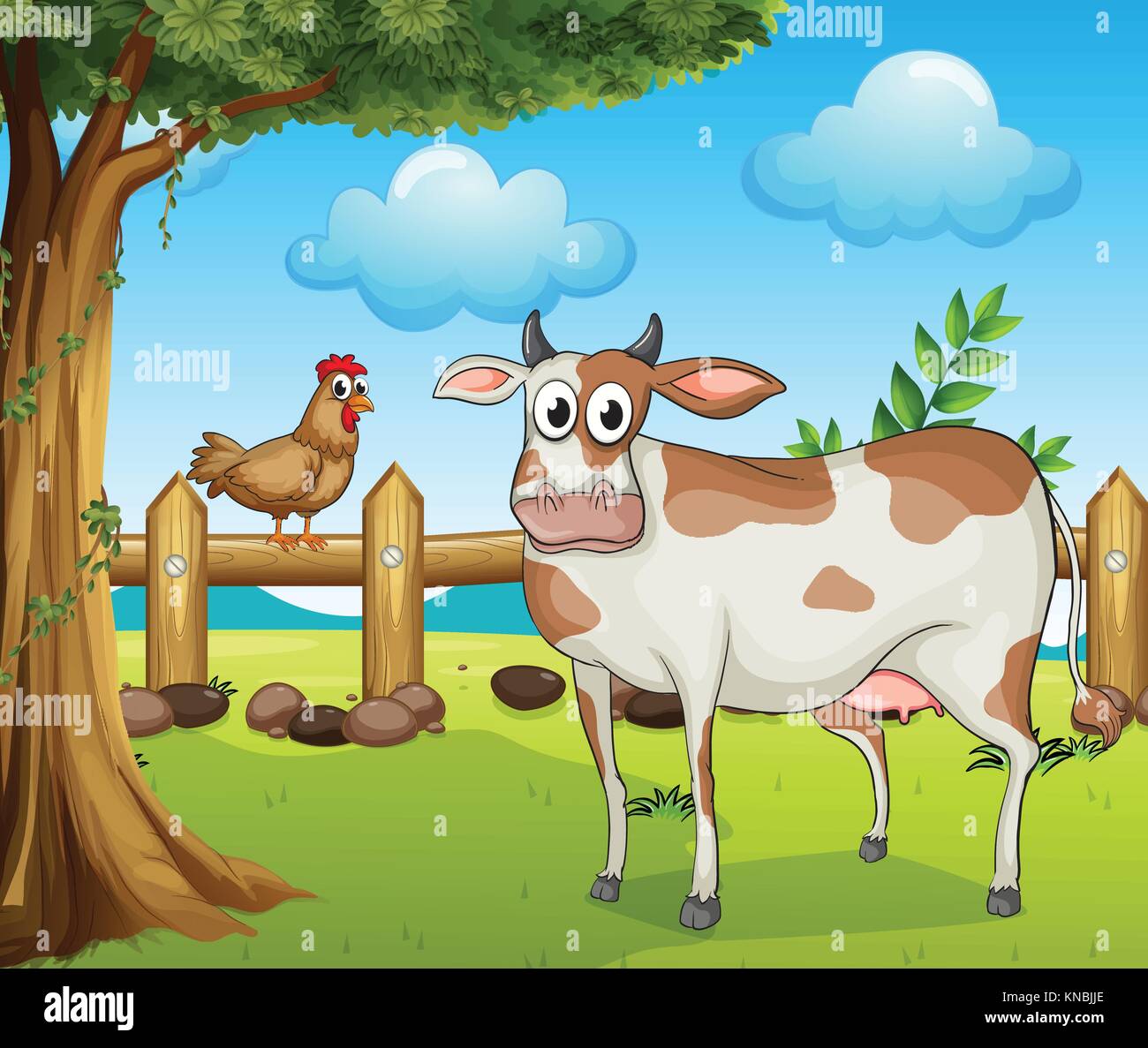 Illustration d'une vache, une poule et un beau paysage Illustration de Vecteur