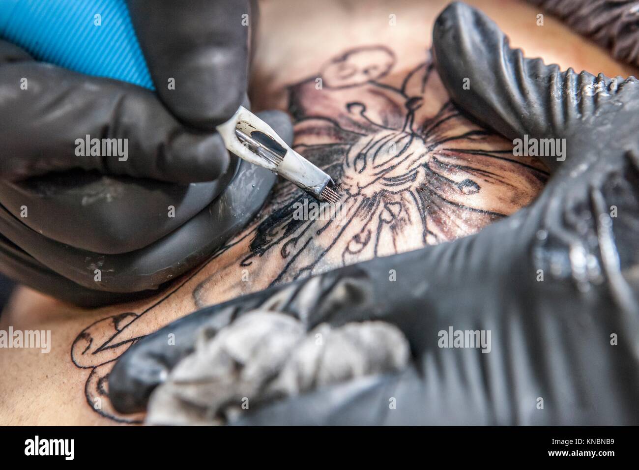 Artiste de tatouage tatouage s'applique à l'épaule d'une femme. Elle met dans l'ombre du tatouage. Banque D'Images