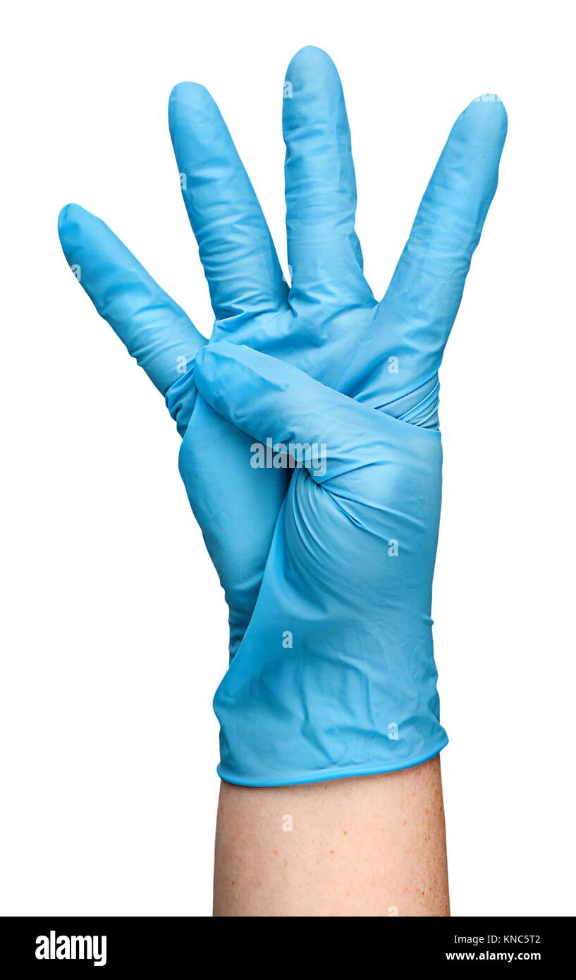 Gants en latex bleu à la main montrant quatre doigts isolé sur fond blanc  Photo Stock - Alamy