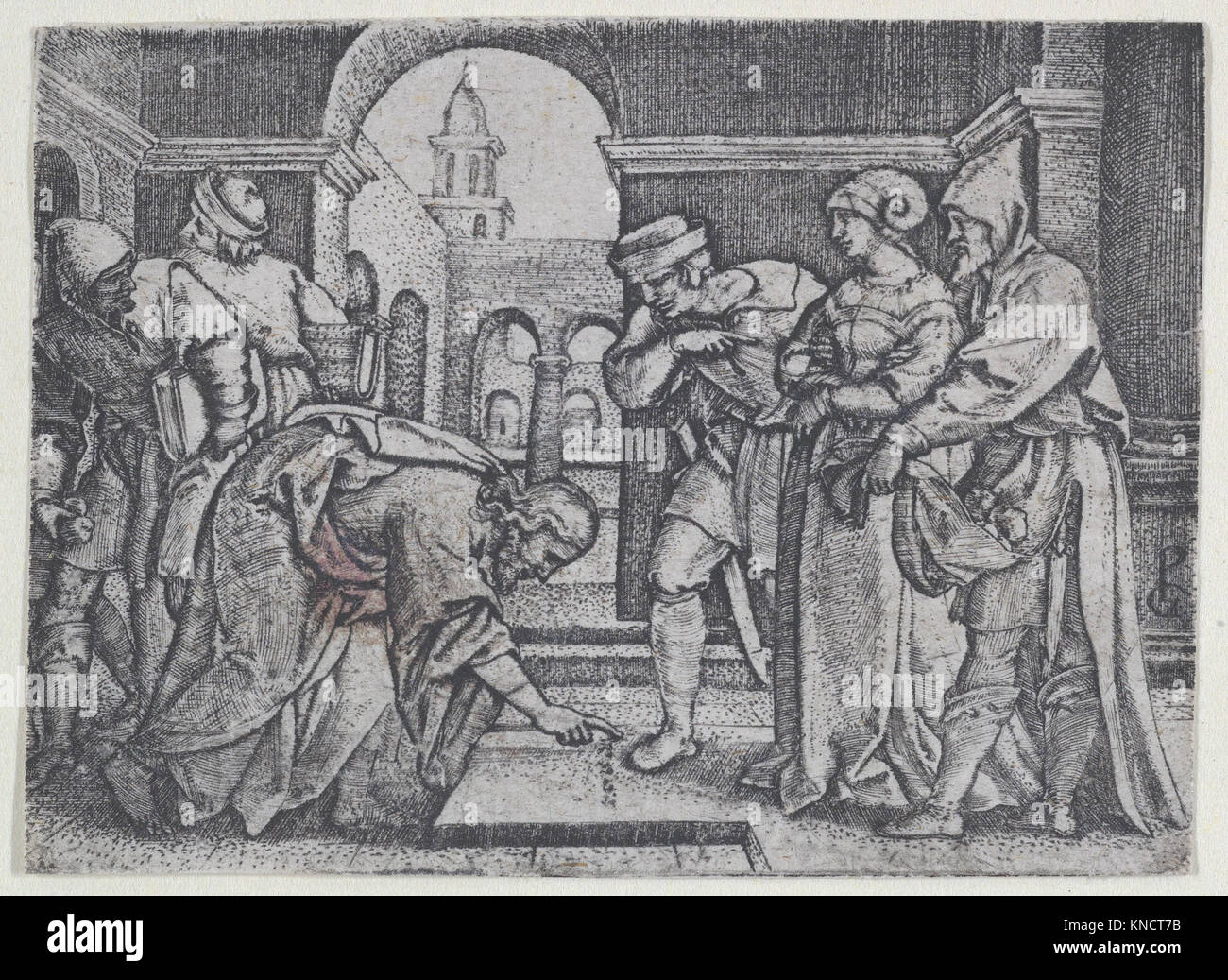 Cette œuvre montre Christ s'adressant à la femme adultère, illustrant le pardon et le jugement comme enseigné dans les écritures chrétiennes. Banque D'Images