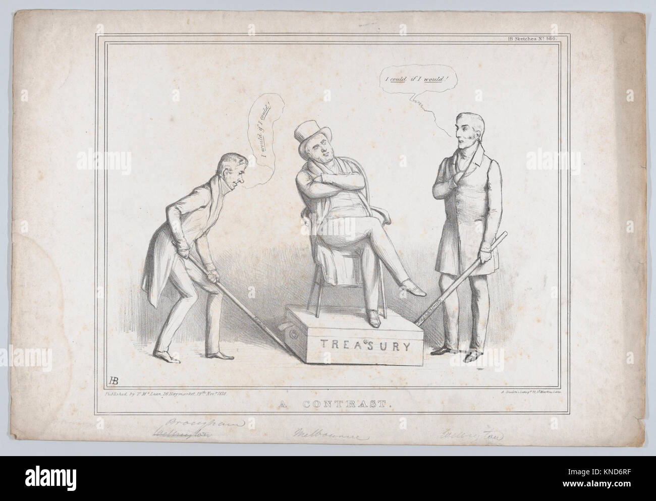 A Contrast Artist: John Doyle, Irish, Dublin 1797-1868 London, Éditeur: Thomas McLean, British, Active London 1788-1885, lithographe: Alfred Ducôte, British, active 1830-40, sujet: Arthur Wellesley, 1st Duke of Wellington, British, 1769-1852, objet : William Lamb, 2nd Viscount Melbourne, British, Londres 1779-1848 Hertfordshire, sujet : Henry Peter, 1st Baron Brougham and Vaux, British, 1778-1868, A Contrast, 19 novembre, 1838, lithographie, Banque D'Images