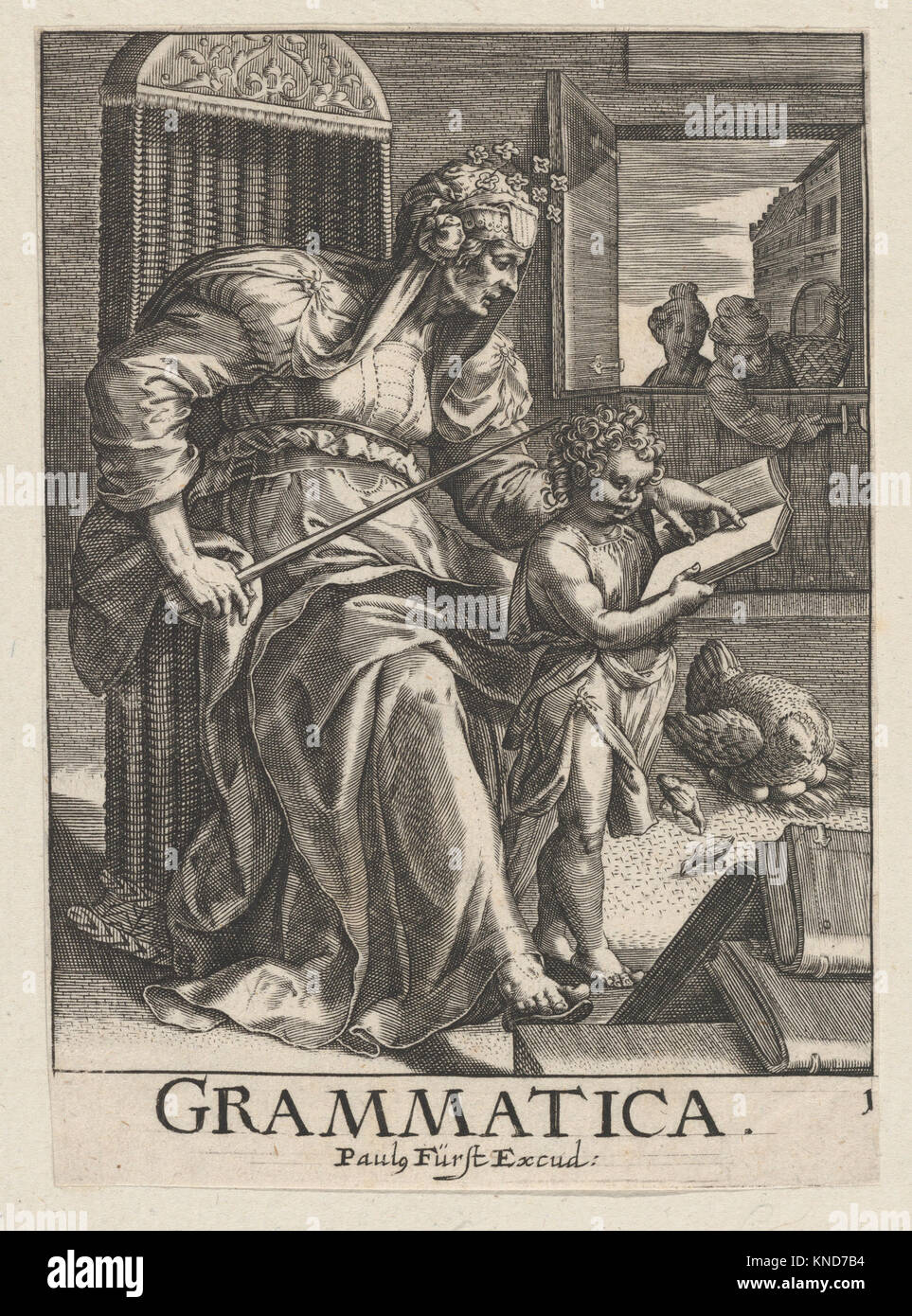 Cette gravure du début du XVIIe siècle 'Grammatica' de la série des sept arts libéraux, par Paulus Fürst, Johann Sadeler I et Maerten de vos, représente la grammaire et se trouve dans la collection MET. Banque D'Images