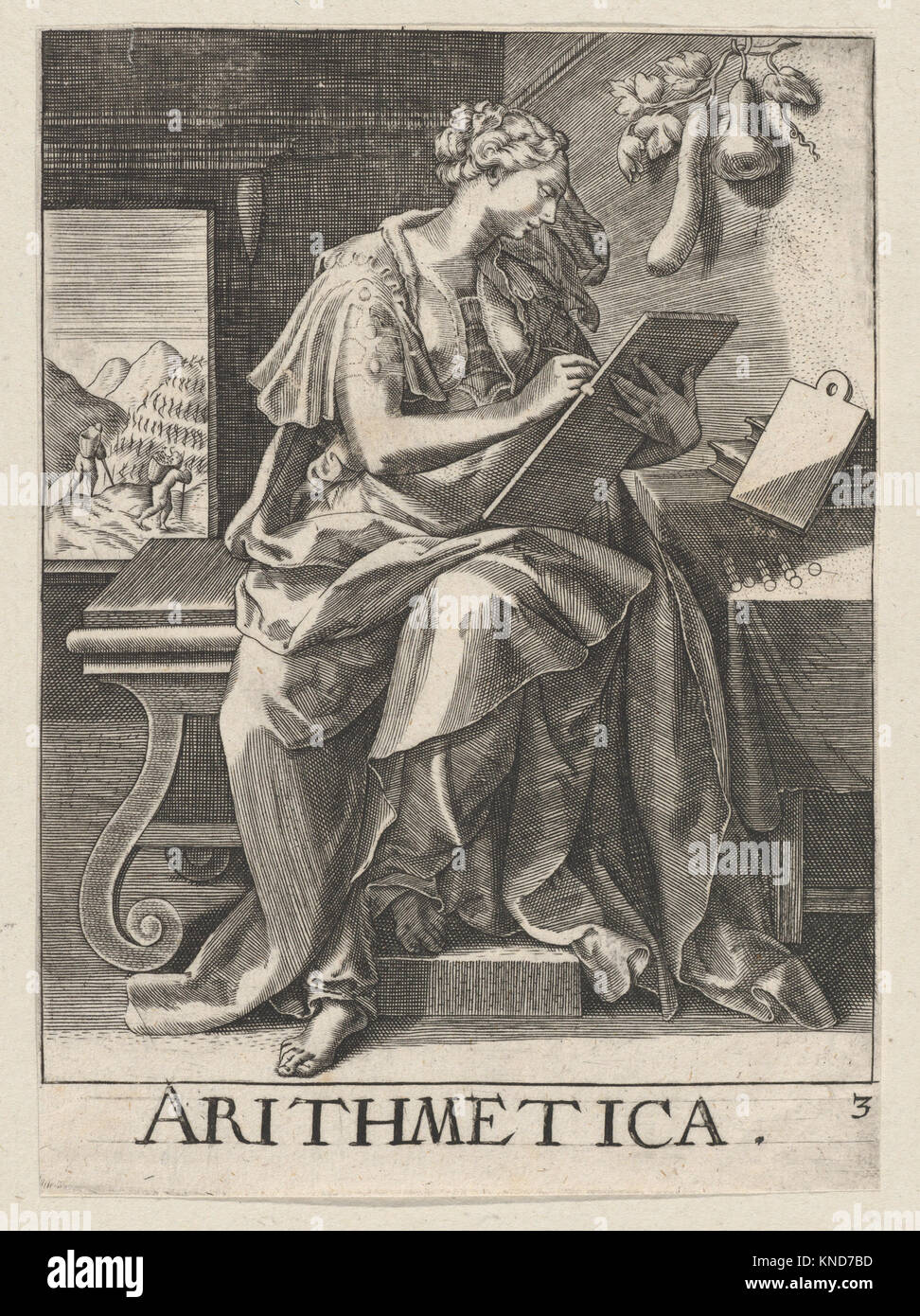 La gravure 'Arithmetica' de Johann Sadeler I, de la série des sept arts libéraux, représente l'arithmétique et reflète les intérêts éducatifs et artistiques de la Renaissance. Banque D'Images