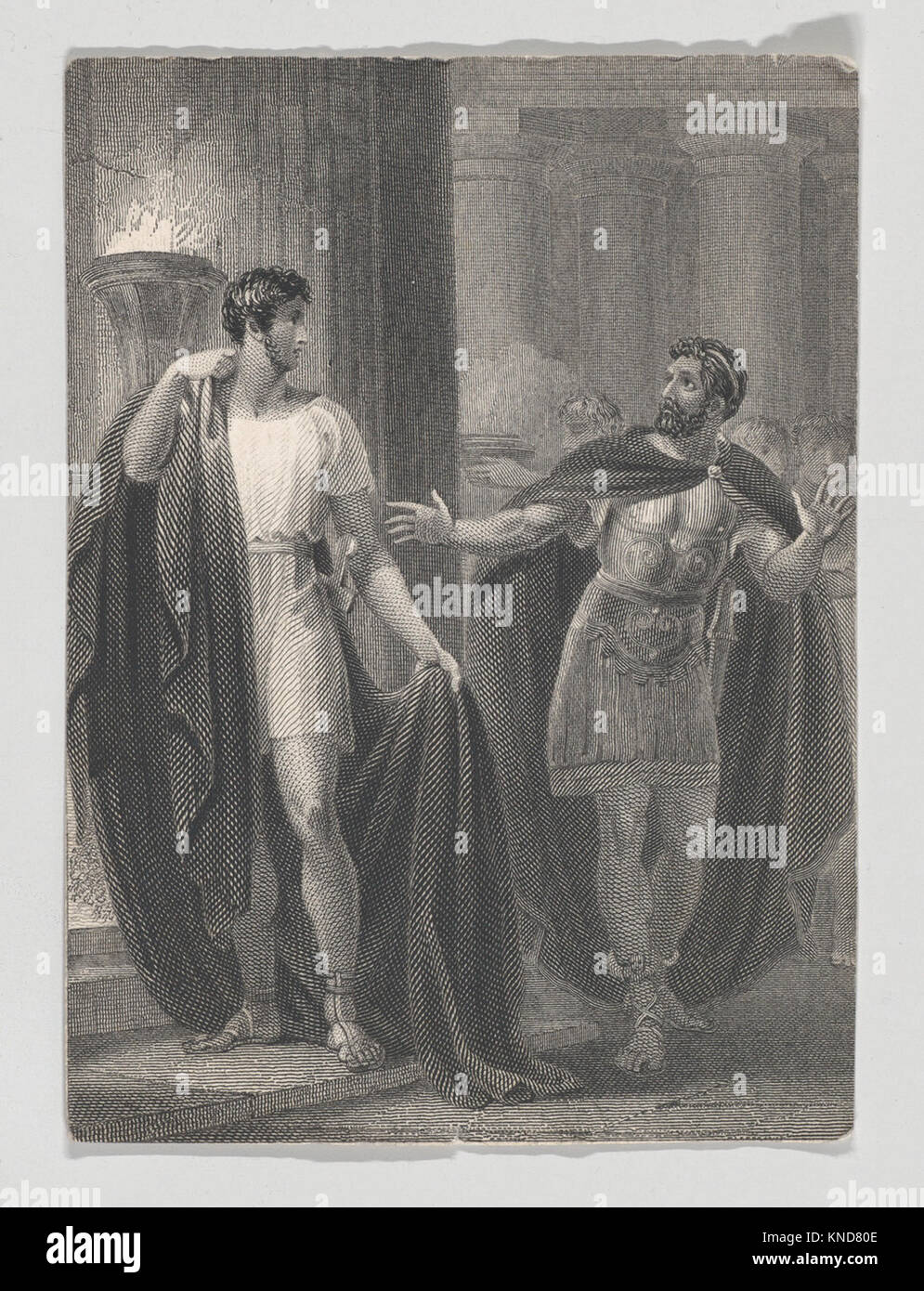 Coriolanus et Aufidius (Shakespeare, Coriolanus, Act 4, scène 5) Engraver: Charles Heath, l'aîné, britannique, Londres 1785-1848 Londres, artiste: D'après Henry Corbould, britannique, Londres 1787-1844 Robertsbridge, East Sussex, sujet: William Shakespeare, British, Stratford-upon-Avon 1564-1616 Stratford-upon-Avon, Coriolanus et Aufidius (Shakespeare, Coriolanus, Act 4, scène 5), 1825-40, Gravure et gravure, feuille : 3 7/16 x 2 9/16 po. (8,8 x 6,5 cm). Banque D'Images