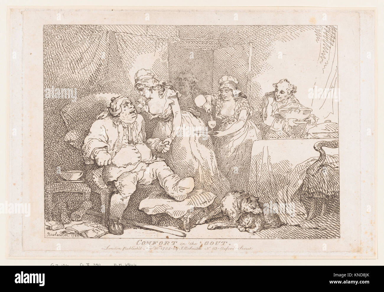 Le confort dans la DP871858 La Goutte atteint 736582 Artiste : Thomas Rowlandson, britanniques, Londres 1757 ?1827 London, éditeur : John Raphael Smith, britannique, baptisé 1751 ?1812 Derby Doncaster, le confort dans la goutte, le 30 novembre 1785, à la main, gravure, feuille : 10 3/4 ? 14 5/16 in. (27,3 ? 36,3 cm) Plaque : 10 1/16 ? 13 7/8 in. (25,5 ? 35,2 cm). Le Metropolitan Museum of Art, New York. Elisha Whittelsey la collecte, l'Elisha Whittelsey Fund, 1959 (59,533.115) Banque D'Images