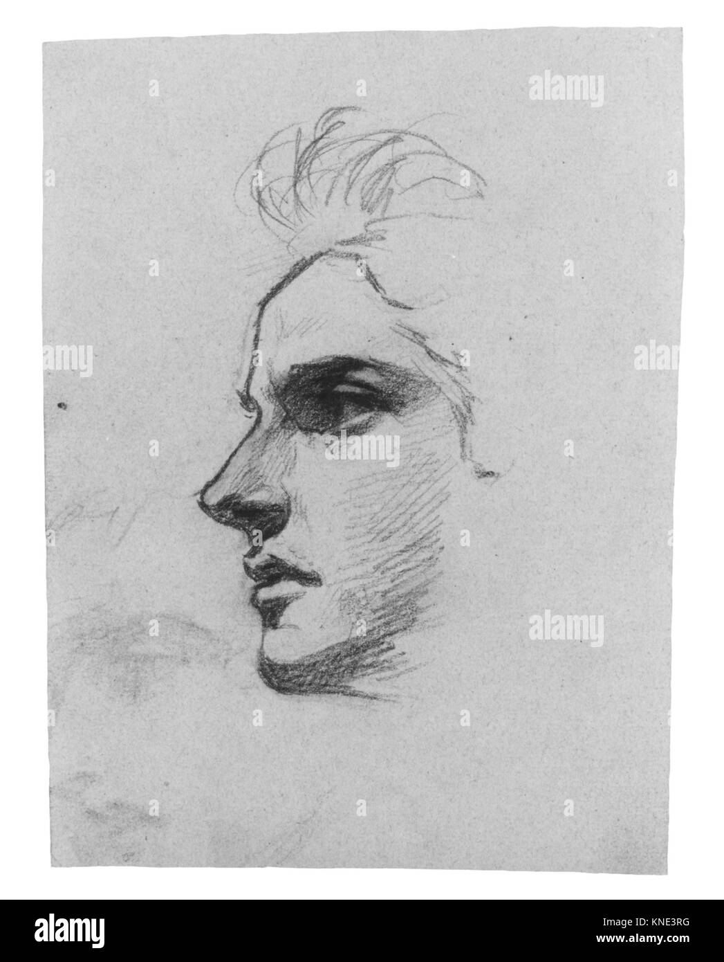 Cette sculpture représente la tête d'un homme avec des traits faciaux détaillés, mettant l'accent sur l'expression, la forme humaine et l'artisanat sculptural européen du XIXe siècle. Banque D'Images