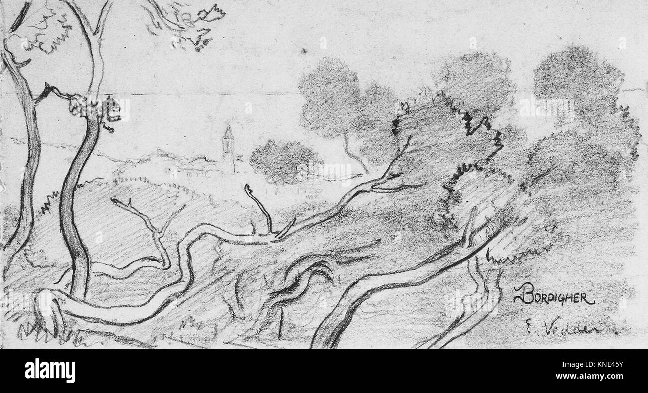 'Bordighera' est une peinture de paysage montrant une église lointaine avec un paysage naturel pittoresque, soulignant à la fois l'environnement et les caractéristiques architecturales. Banque D'Images