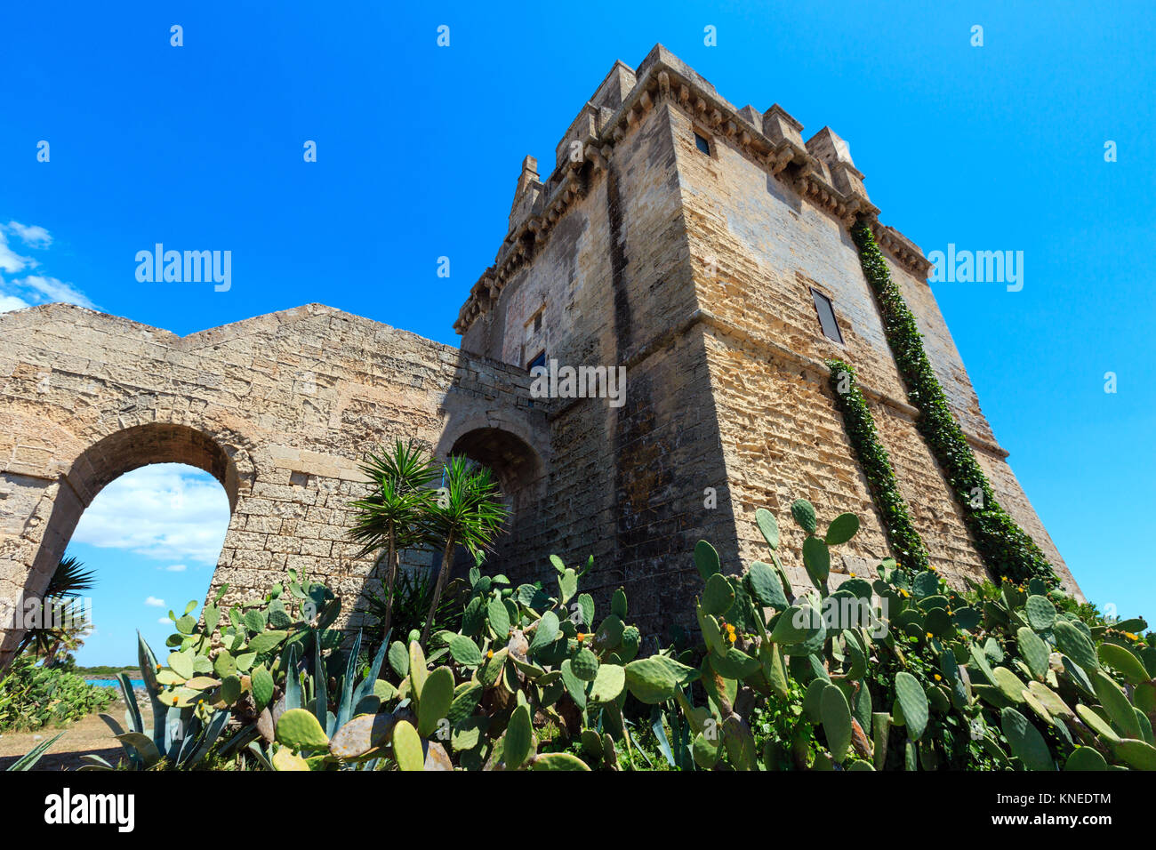 Historique pittoresque tour Torre Colimena de fortification sur la côte de la mer Ionienne de Salento, Lecce, Pouilles, Italie Banque D'Images