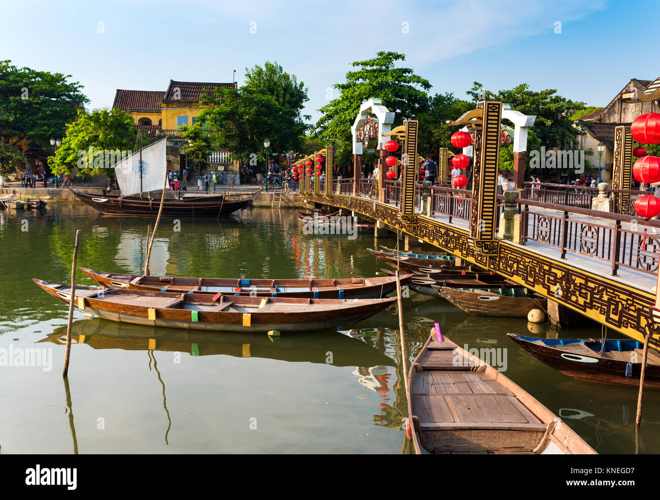 Des bateaux touristiques touristiques traditionnels. Vue sur la vieille ville de Hoi An à partir de la rivière. Banque D'Images