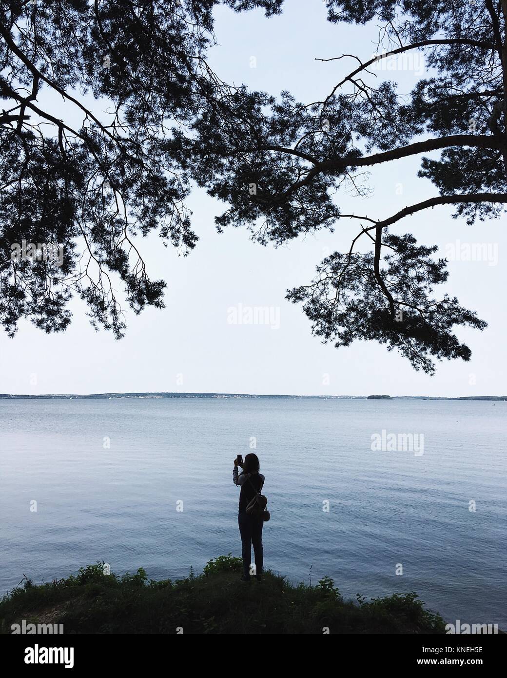 Silhouette d'une femme debout par la mer en prenant une photo, Minsk, Bélarus Banque D'Images